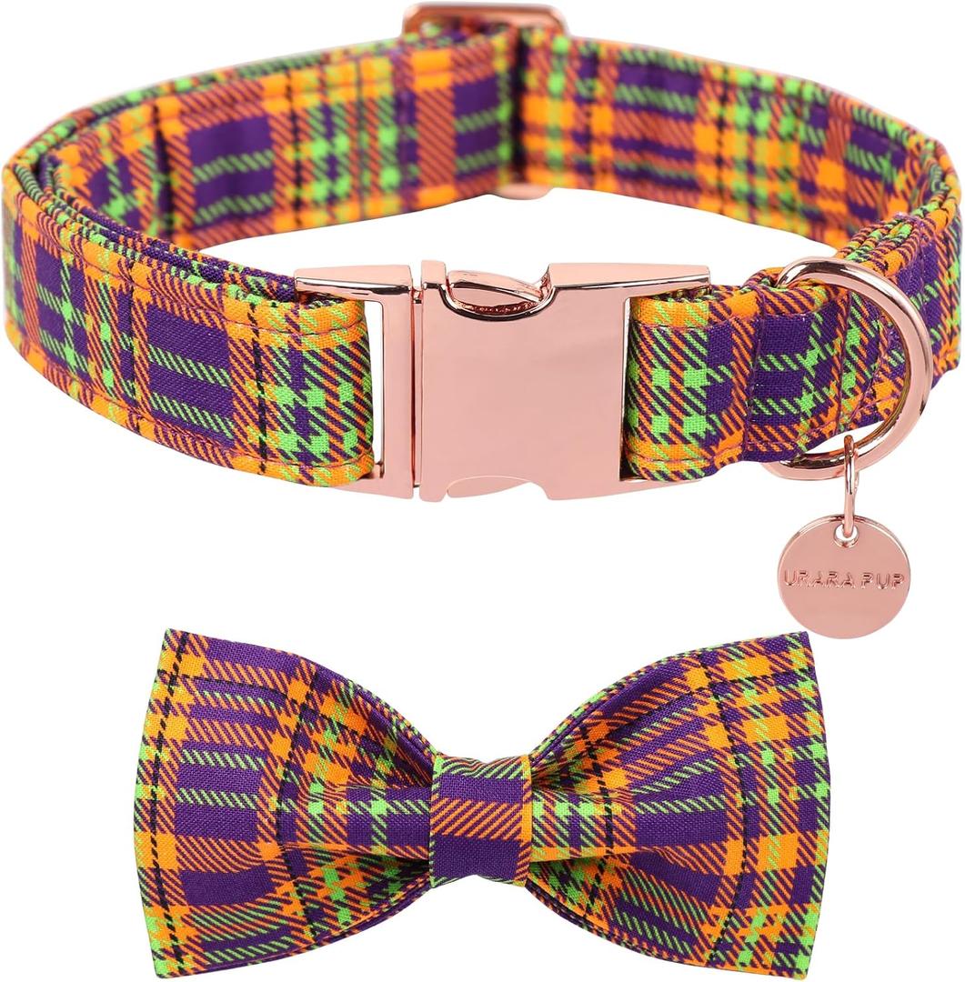 Halloween Dog Collar with Bow Tie, Halloween Bowtie Collar for Small Girl Boy Dog, Fall & Winter Dog Collar with Durable Metal Buckle, Cute Plaid Pet Collar, L