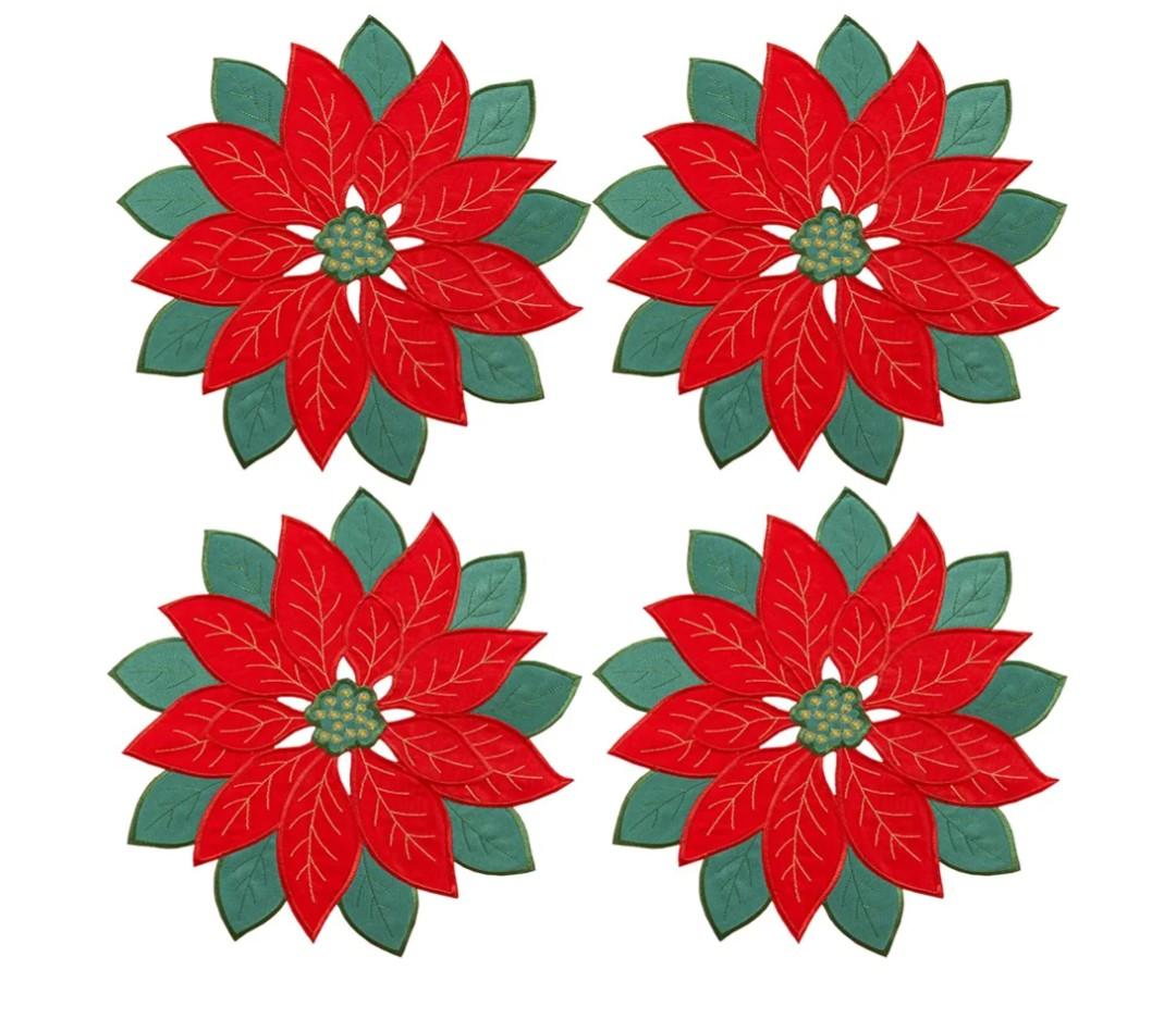 Joyfol Day Christmas Poinsettia Placemats Set of 5, Applique Embroidered Cutwork Red Florals Placemat, Xmas Flowers Tabletop Decoration for Home Kitchen Dining Winter Party (14 Inch Round)