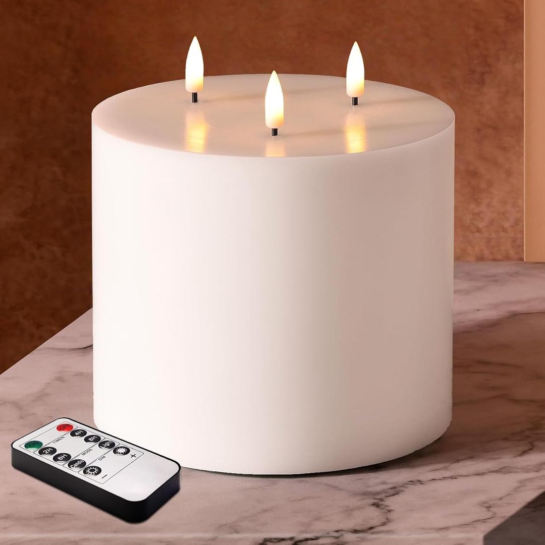 White 3 Wick Flameless Candle with Remote, 6x6 inch Giant LED Pillar Candle, Battery Operated Real Wax Flickering