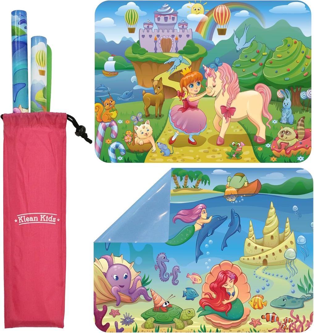 Klean Kids [2 Pack] Silicone Placemats for Toddlers (Mermaid and Princess) - Non Slip 2-Pack with Travel Bag - Princess & Mermaid - Baby Placemats That Stick to Table for Baby