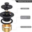 Matte Black Tub Drain and Overflow Kit, Replacement Bath Tub Drain Trim Set,Lift & Turn Bathtub Drain Kit with 2-Hole Overflow Faceplate Conversion Kit Assembly Fine/Coarse Thread
