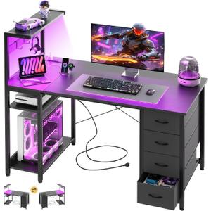 47in Gaming Computer Desk with Drawers & Storage Shelf & Iron Hook, Black
LED Light, Power Outlet, Reversible Gaming Table, Study Work Desk, Pc Desk, Escritorio Gamer for Small Space, Home Office