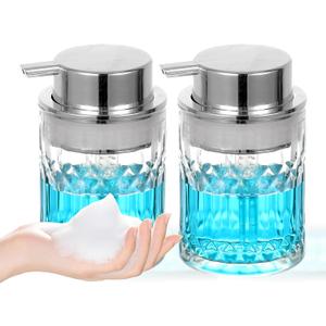 Foaming Soap Dispenser,2 Pack Clear Glass Foam Hand Soap Dispenser for Bathroom, Refillable 8 Fl Oz Foamy Pump Bottle with Large Sliver Pump,Vintage Dish Soap Foam Dispenser