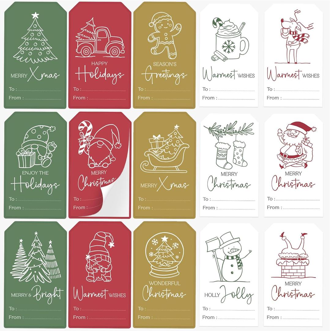AUDREE 210 Pcs Christmas Gift Tags Stickers - Self-Adhesive Red, Green & Gold Holiday Label Set - 15 Festive Designs for Xmas Gifts, Boxes, Cards & Wrapping