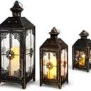 JHY DESIGN Set of 3 Decorative Candle Lantern 19.5" High Metal Vintage Hanging Lantern for Front Porch Home Patio Wedding Party, Festival Decorations(Black with Gold Brush)