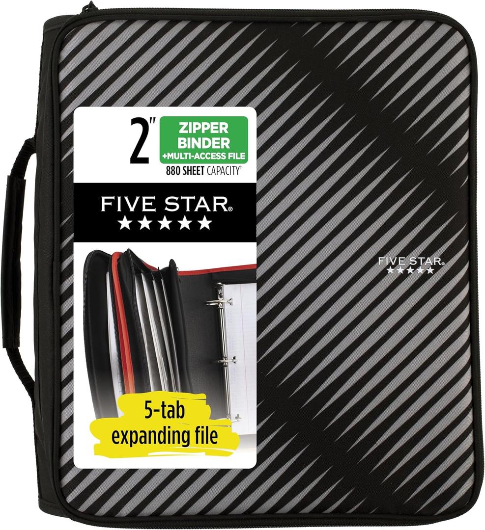 Five Star Zipper Binder, 2 Inch 3-Ring Binder with Round Rings, 5-Tab Expanding File, 380 Sheet Capacity, Black (72536)