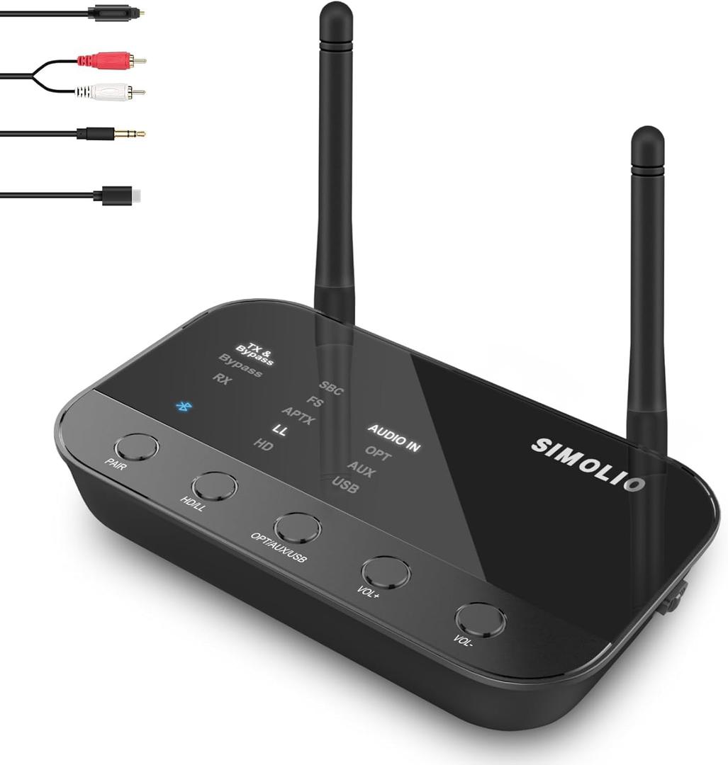 SIMOLIO 201D Bluetooth 5.2 Audio Transmitter for TV to 2 Wireless Headphone/Speaker, 197ft Long Range, Bluetooth Adapter for TV w/aptX Low Latency & HD, Qualcomm Class 1, AUX/RCA/Optical/USB