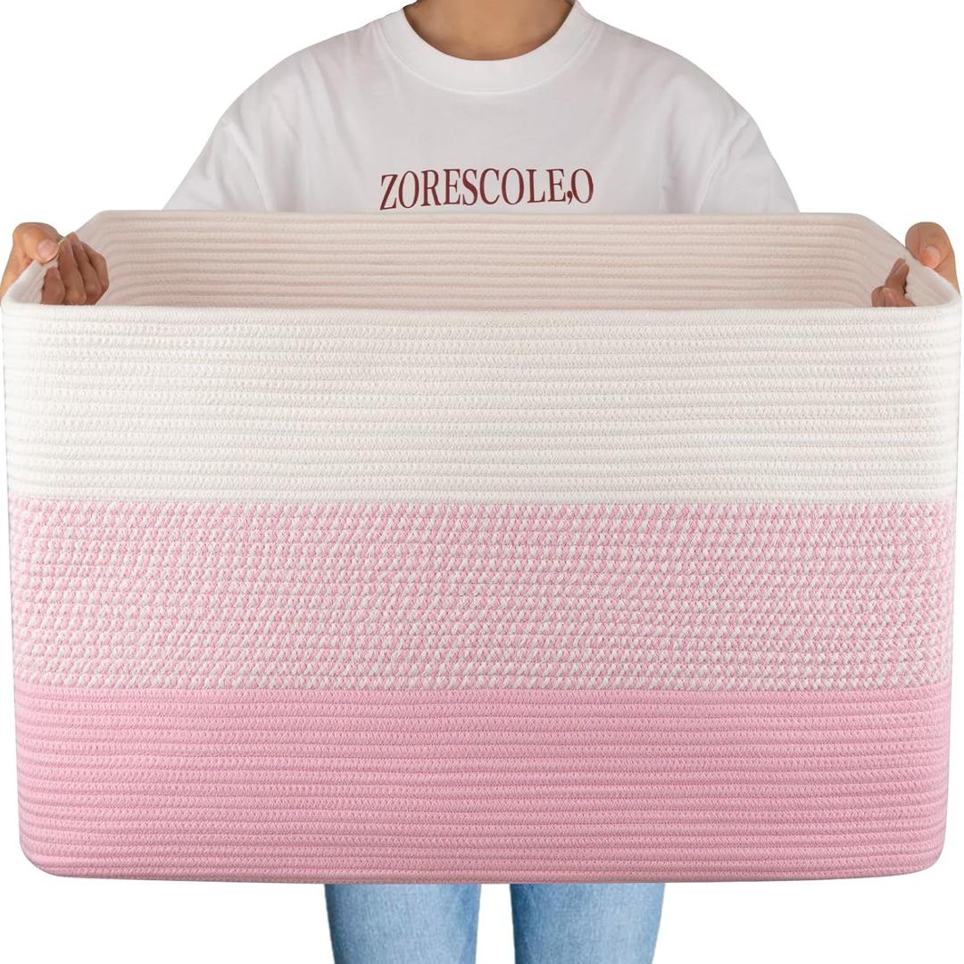 OIAHOMY 108L Super Large Blanket Basket For Living Room, 25x16x16 Rectangle Woven Baskets For Storage, Toy Storage with Handle - Pink&White