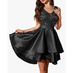 Meetjen Women's Sequin Prom Dresses Cocktail Party Sparkly Short V Neck A-line High Low Satin Formal Dress for Wedding, Size M.