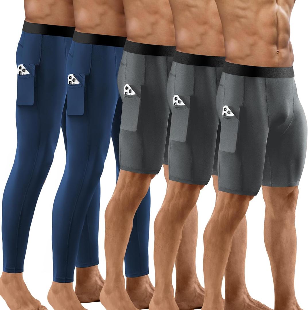 Niksa 1/2/4/5 Pack Compression Shorts Men, Spandex Running Shorts Athletic Workout Sport Performance Baselayer Underwear (Medium, Mottled Grey,Navy)