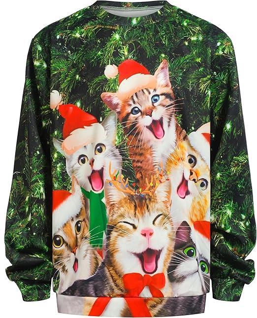 SightYoung Men Ugly Christmas Sweatshirts,Cat Ugly Christmas Sweater,3D Funny Graphic Long Sleeve Crew Neck Sweatshirts,Dark Green,XL