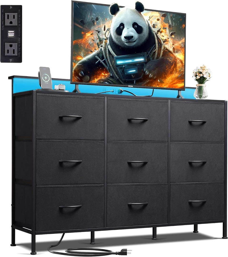WLIVE Black Dresser TV Stand for 45, 50, 55 inch TV, Entertainment Center with LED Lights & Charging Station, Chest of drawers with 9 Fabric Drawers and Open Shelves for Living Room, Hallway, Black