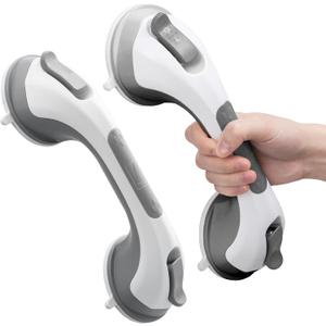 LEVERLOC Grab Bars for Bathtubs and Showers 2 Pack Suction Grab Bar, Heavy Duty 12 Inch Shower Handle Removable Bath Handrails for Seniors and Elderly, Bathroom Safety Grip No Drilling Waterproof Grey