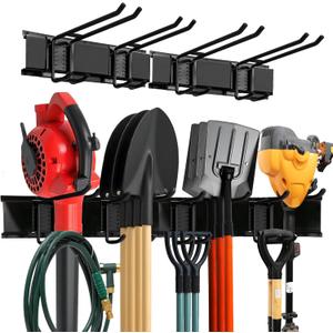 Garage Wall Organizer | 32" Heavy-Duty Tool Storage Rack | Adjustable Double-Layer Hooks | 200 lbs Capacity | Carbon Steel Wall Mount Holder for Shovels, Rakes, Ladders & Power Tools (Black)