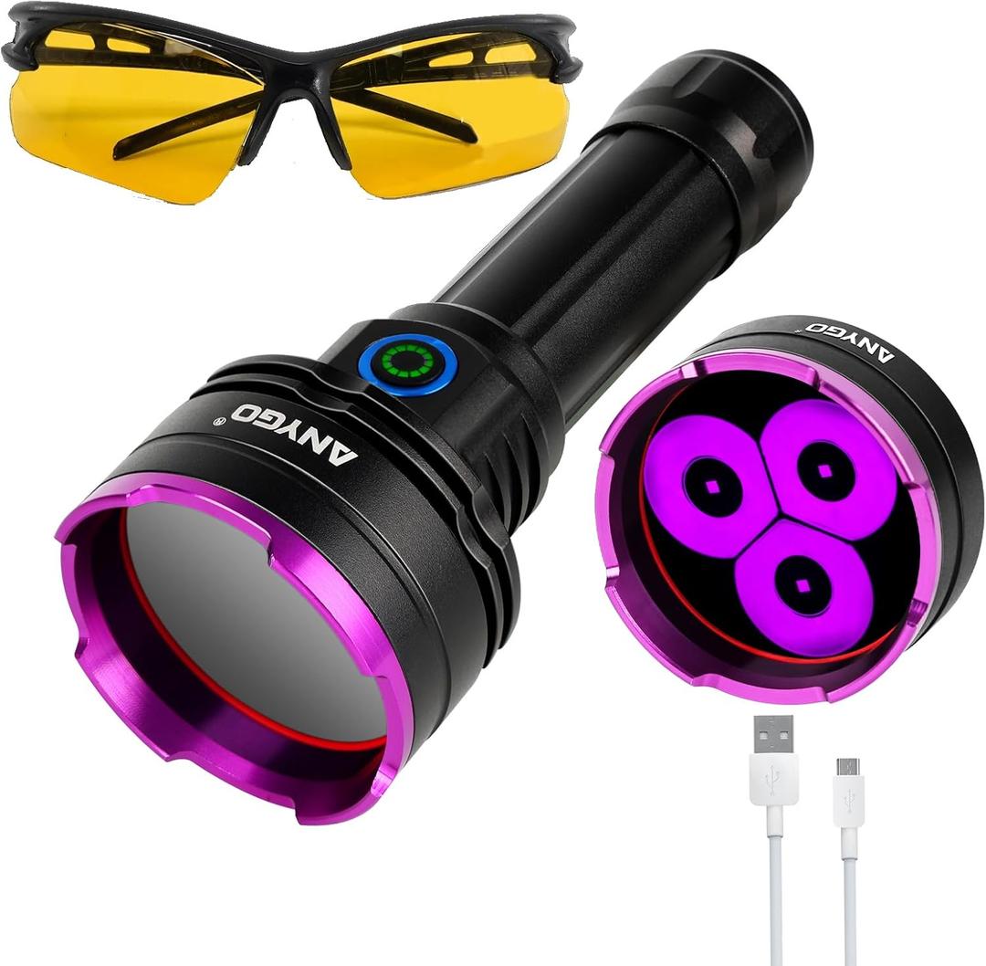 365nm Rechargeable UV Flashlight with Filter Lens, 30W Powerful Black Light, Ultraviolet UV Led Torch for Air Conditioner Leak Detection/Pet Urine Detection/Rocks Scorpion Hunting/Camping