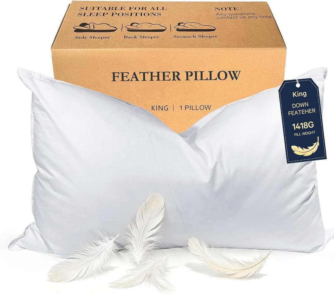 BHZ King Pillow Feather Down Hotel My King Pillow Bed Goose Pillows Alternative Luxury Pillows for Sleeping Side and Back Sleepers Soft Support Gifts White (King (Pack of 1))