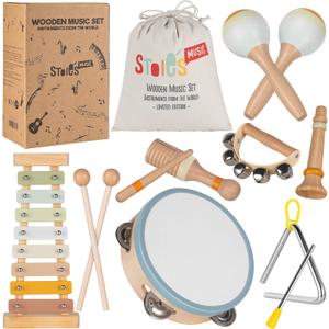 Stoie's Wooden Kids Musical Instruments for Babies and Toddlers 3-9 Years Old, Montessori Educational Music Toy with Xylophone, Tambourine, Hand Bell, Triangle, Maracas, Durable, Storage Bag, Unisex