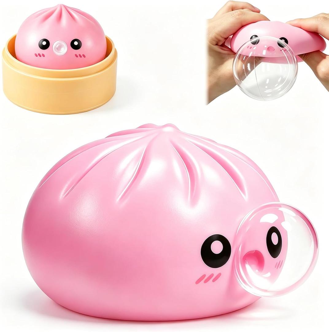 Dumpling Squishy Toy with Bubble Blowing Feature, Squishy Dumpling Stress Relief Toy, Cute Bao Bun Squeeze Toy with Steamer Box, Soft Sensory Fidget Desk Toy Gift (Pink)