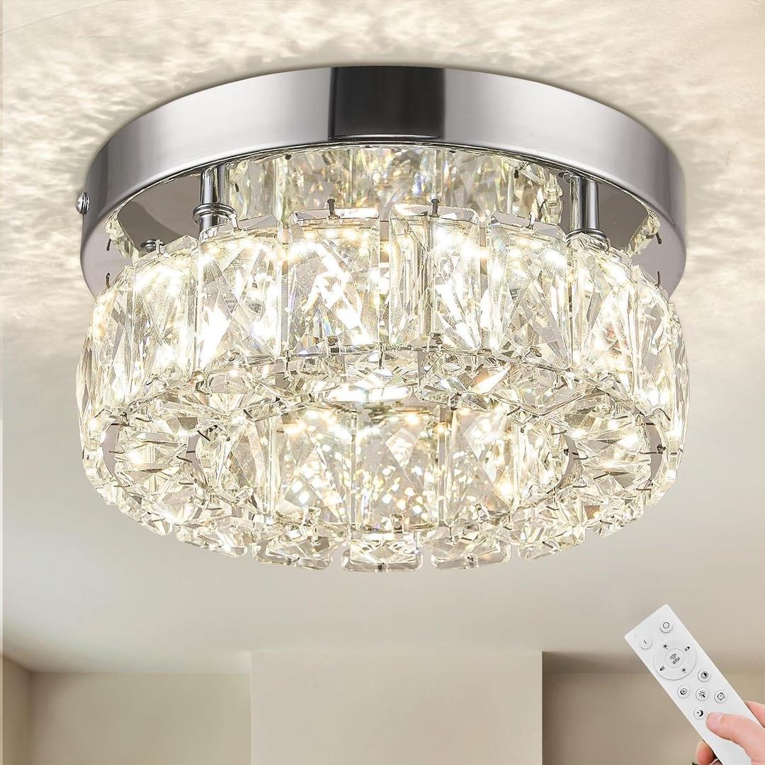 LEONTYNE 7.9 inch Dimmable Modern Crystal Chandeliers Mini LED Ceiling Light Fixtures Stainless Steel Flush Mount Ceiling Chandelier Light for Bedrooms Foyer Hallway Closet (Remote Control)