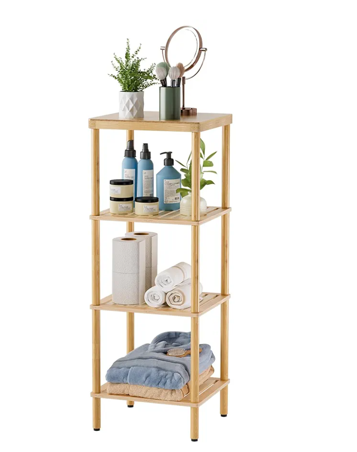 AmazerBath Bamboo Bathroom Shelf, 4-Tier Bathroom Storage Shelf, Multifunctional Storage Rack for Living Room Bedroom Kitchen, Space Saver