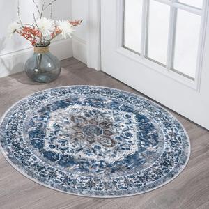 KOZYFLY Round Rug 3 Ft Rugs for Entryway Washable Circle Entrance Rug Non Slip Round Doormat Indoor Printed Faux Wool Round Front Door Mat Floor Carpet for Backdoor, Entryway, Bedroom, Blue (Blue/Brown/White)