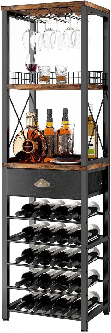 Homeiju Wine Rack Freestanding Floor, Bar Cabinet for Liquor and Glasses, 4-Tier bar Cabinet with Tabletop, Glass Holder, Storage Drawer and Wine Storage for Living Room (Patent No.D29872845), Right Angle