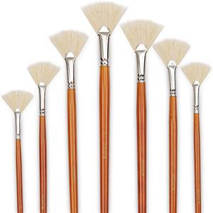 DUGATO Artist Fan Paint Brush Set of 7, White Hog Bristle Natural Hair Anti-Shedding Brush Tips, Long Wooden Handle for Comfortable Holding, Great for Acrylic Oil Painting