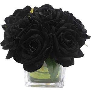 Fule Artificial Velvet Rose Flower Centerpiece Arrangement in vase for Home Wedding Decoration (Black)