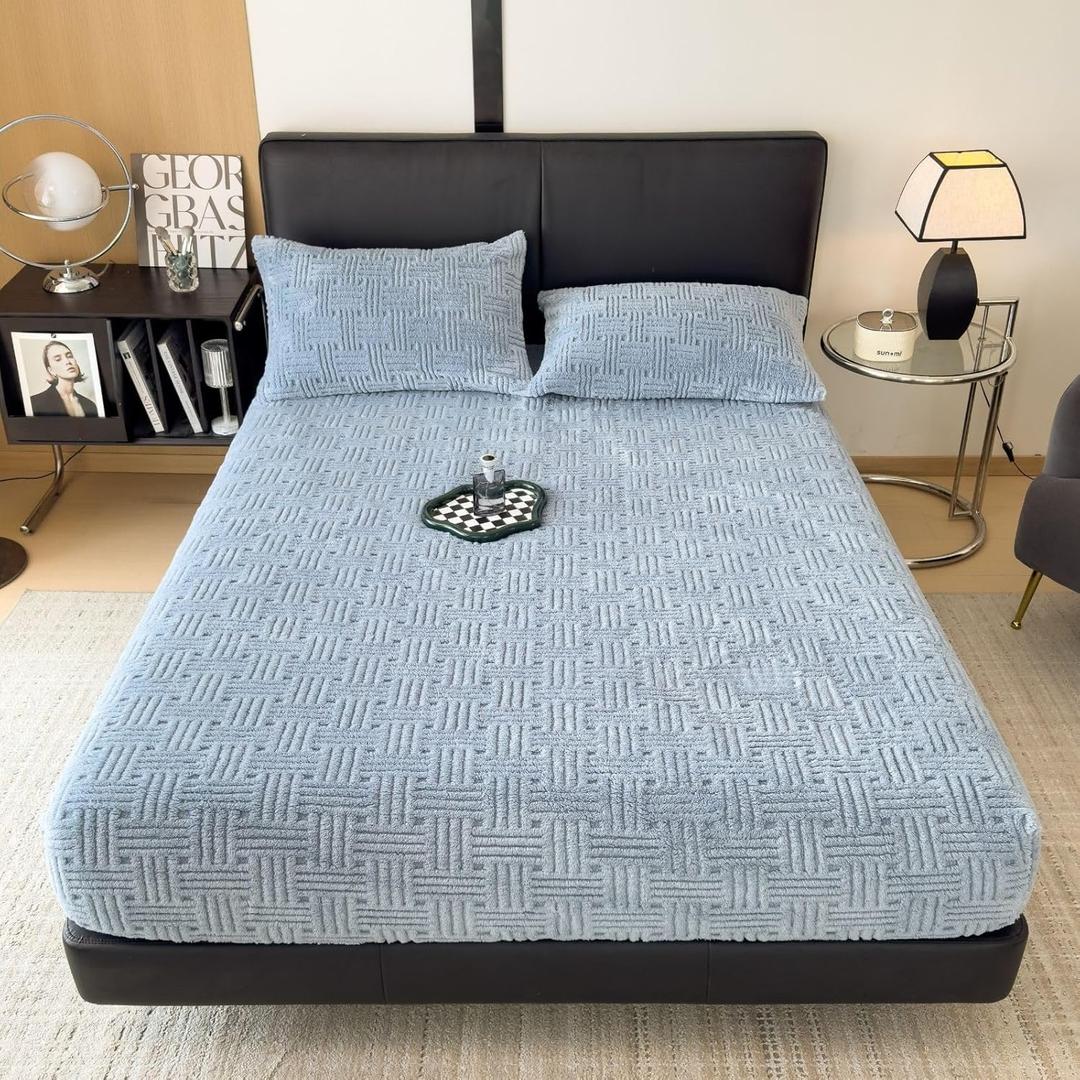 ZIQINPSQ Twin Size Flannel Fitted Sheet - 1 Piece Winter Warm Deep Pocket (15") Bed Sheet, Shrink & Fade Resistant, Hotel Quality, Light Steel Blue