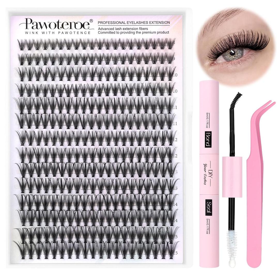 Pawotence Lash Extension Kit DIY 280pcs Individual Lash Clusters Kit 30D Natural 8-15mm Cluster Eyelash Extensions Kit with Lash Bond and Seal, Lash Tweezers for Self Use (30D, 0.07D, 8-15mm, Kit)