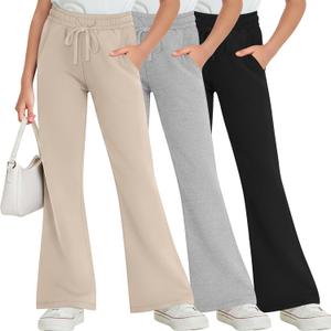 3 Pack Girls' Flare Wide Leg Sweatpants Drawstring Elastic Waist Bell Bottom Casual Athletic Pants with Pockets (11-12 Years, Black, Light Mixed Gray, Apricot)