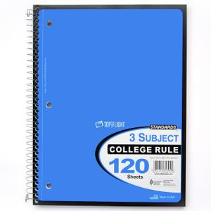 Top Flight Standards 3-Subject Wirebound Notebook, 120 Sheets, 3-Hole Punched, College Rule, 10.5 x 8 Inches, 1 Notebook, Color May Vary (31804)