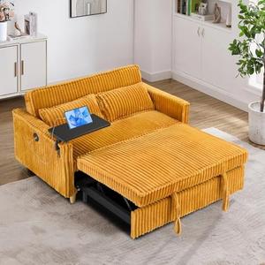54"W Convertible Sleeper Sofa Bed, 3-In-1 Corduroy Pull Out Couch Bed, Futon Loveseat Sleeper Couch with Adjustable Backrest & USB Port & Side Table, Recliner for Living Room/Office/Small Space (Yellow)