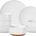 GZG Modern Art Series - 12 Pcs Speckled Stoneware Plates and Bowls Sets, Ceramic Dinnerware Set with Rustic Terracotta Underside, Microwave and Dishwasher Safe Handcrafted Dishes Set - Porcelain White