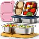 3 Pack Stainless Steel Snack Containers with Silicone Lids, Meal Prep Containers, Reusable 2 Compartment Food Storage Containers, Stainless Steel Box for Lunch, Office, Travel