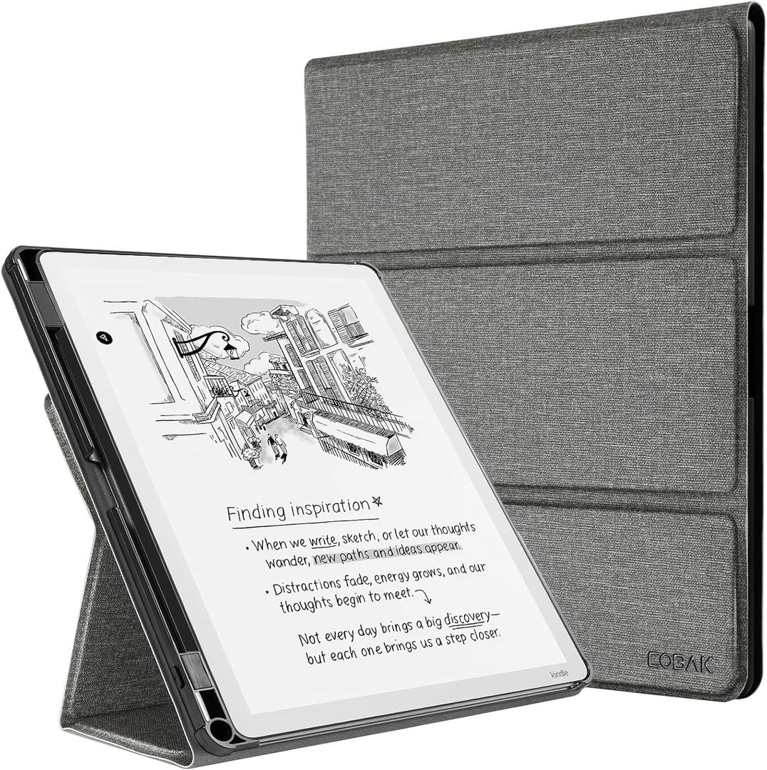 CoBak Case for 11" Kindle Scribe 3rd Generation 2025, Kindle Scribe Colorsoft with Two Viewing Angles - All New PU Leather Cover with Auto Sleep Wake, Pen Holder Fabric Gray