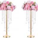 Tall Vases Wedding Centerpieces for Tables - 21.7" Gold Flower Vase with Chandelier Crystal, Centerpiece Table Decorations, Metal Flower Stand for Wedding, Reception, Party, Events, Home, 2 Pcs