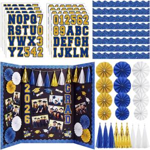 29 Pcs Graduation Photo Poster Board Decorations Set Include 16 Sheets Graduation Themed Stickers 12 Pcs Grad Fans a Tassel Garland for 2026 Grad Party Picture College Photo Frames(Blue), 11 x 7.3 inches, 9.8 x 11.8 inches