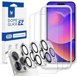 [Whitestone EZ] Glass 3pck + Cam 3pck [Dome Glass EZ] Full Coverage Tempered Glass Shield [Easy Install- JIG type included] by Whitestone for Apple iPhone 14 Pro Max - Three Pack