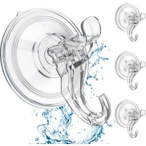 ANDGOO Large Suction Cup Hooks for Shower, Removable Shower Hooks, Heavy Duty Towel Hook for Bathrooms Robe Looafh, Strong Suction Double Hooks for Glass Window Door Mirror Tile (Clear, 4 Pack)