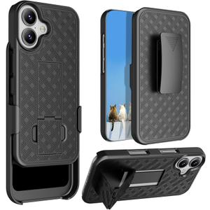 for iPhone 16 Holster Case, Combo Shell Slim Rugged for iPhone 16 Case Cover with Kickstand, Swivel Belt Clip Holster Shockproof Protective Cover 2024 Release, Black