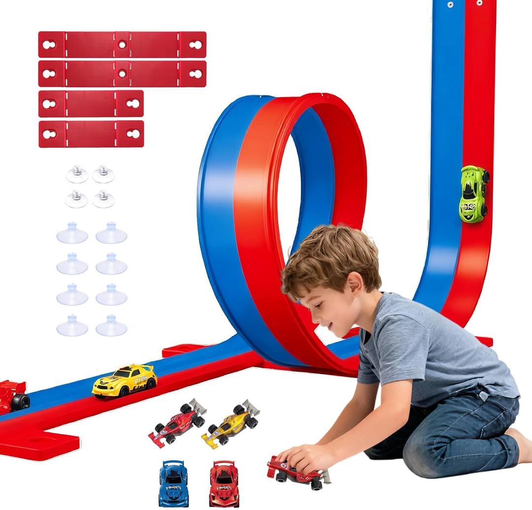 Flexible Race Track for Kids, 16.4 Ft Bendable Racetrack Set with Suction Cups,Compatible with Hot Wheels/Matchbox 1/64th Cars,Portable Track Toy Gift for Boys Girls Ages 3+(Blue & Red)
