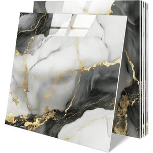 10 Sheets Marble Peel and Stick Backsplash Tile, 12"x12" Waterproof PVC Self Adhesive Tile Shower Wall Panels for Bathroom, Kitchen, Living Room (Metallic Grey)