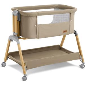 Jimglo 3 in 1 Baby Bassinet, Rocking Bassinets with Comfy Mattress and Wheels, Adjustable Height Bassinet Bedside Sleeper, Easy Folding Portable Crib for Newborn (Khaki)