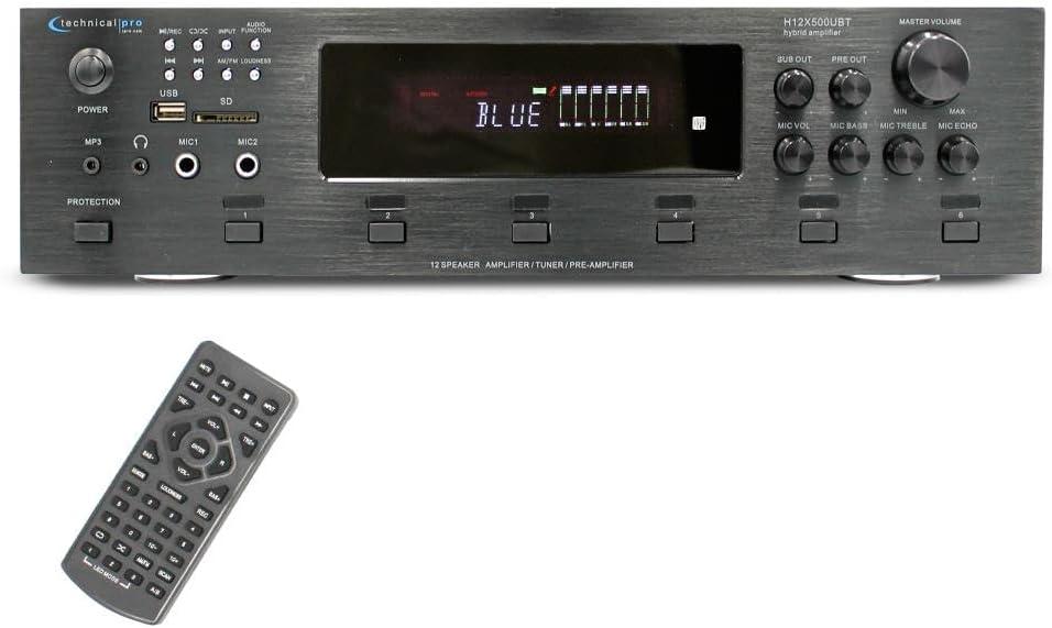 Technical Pro 6000 Watts 6 Zone Digital Bluetooth Hybrid Amplifier Preamp Tuner w/Speaker USB, SD Card Output, 2 Mic Inputs, Bass & Treble Controls, Cooling Speed Fan & LCD Display