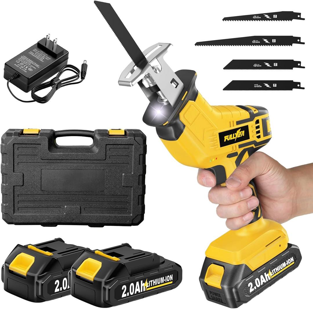 Cordless Reciprocating Saw, 0-3500 RPM Electric Saws with 4 Blades & 2 Batteries, ToolFree Change, Handheld Saw Lightweight, Battery Reciprocating Saws for Cutting Wood PVC Pipe (Yellow)