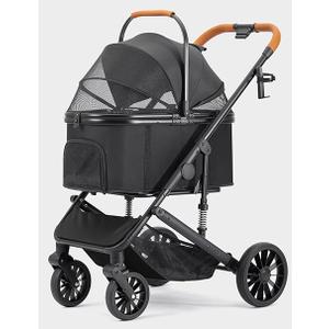 Dog Stroller for Small Medium Dogs Up to 60lbs, 4 Wheels Folding Pet Stroller with Detachable Carrier, Pet Travel Carrier for 2 Dogs & Cats, Storage Basket, Breathable Mesh, Cup Holder, Black