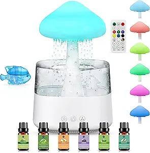 Rainfall Humidifier, 6 Essential Oils and 1 Water Tank Filter, Mushroom Model, Night Light, Water Drip Sounds, for Small Rooms