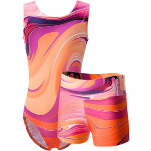 Dancina Marble Line Gymnastics Leotards for Girls with Shorts for Ages 4-16 (10, Orange & Purple Set)