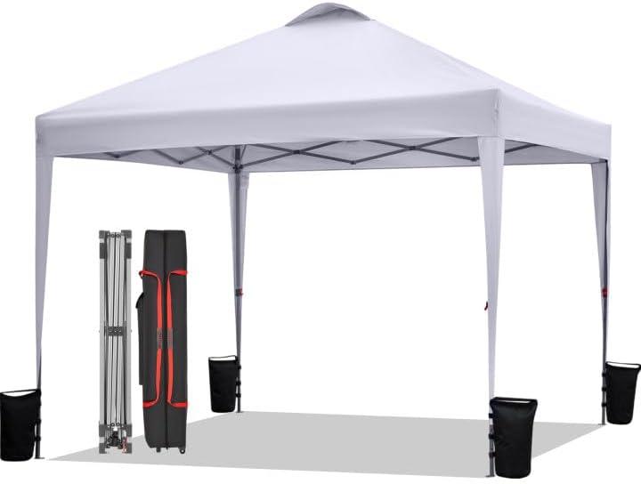 BONTEC 10x10ft Pop Up Canopy Tent, Portable Beach Tent and Instant Shelter, 1-Person Setup, Outdoor Sun Shade, Waterproof Folding Gazebo with Roller Bag and 4 Weight Bags, Silver- Coated Top, White